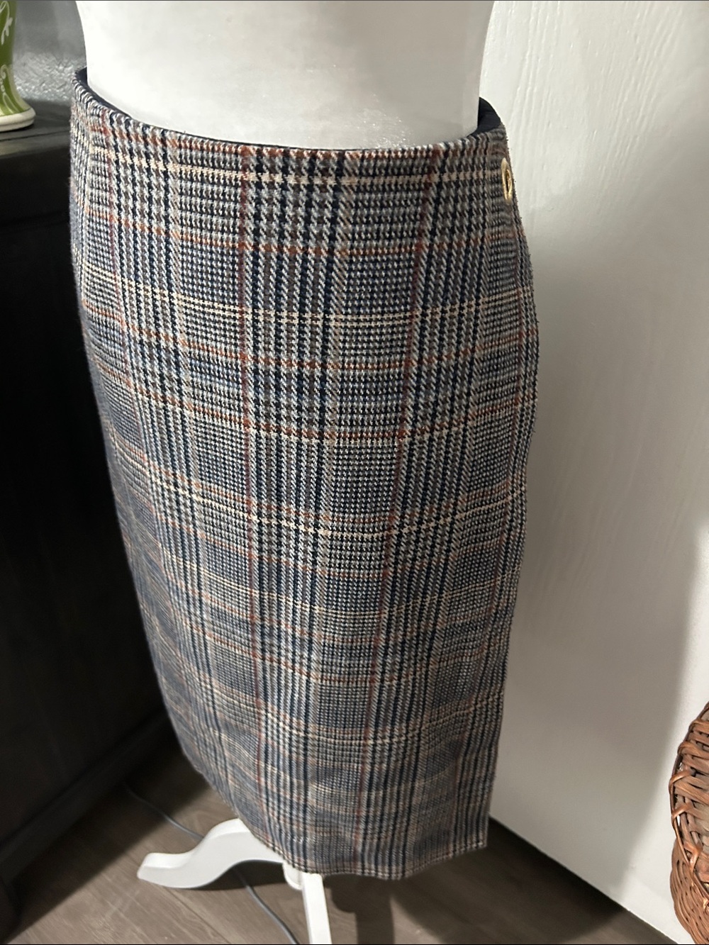 Calvin Klein Plaid Pencil Skirt in Navy, Brown and Cream